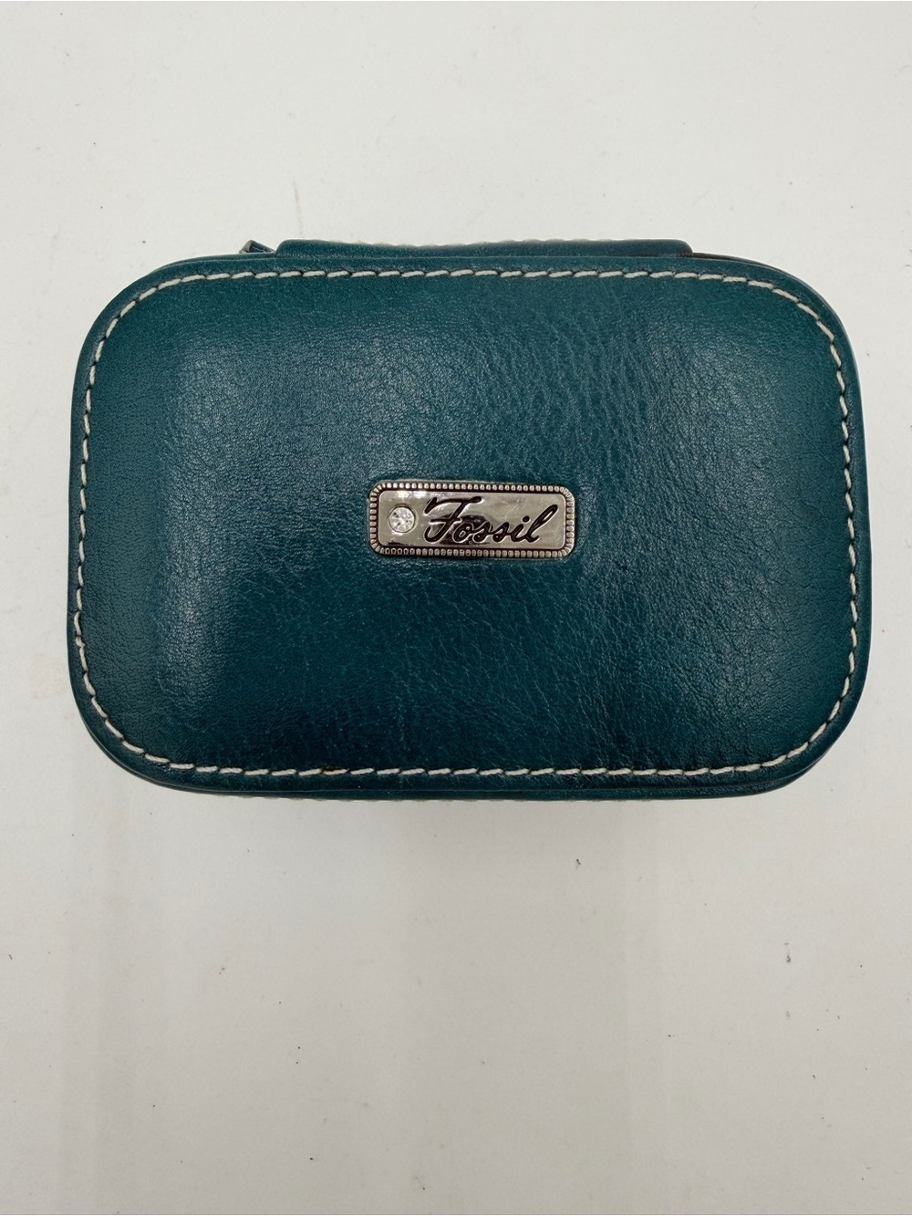 Fossil Teal Leather Travel Jewelry Case Zip Organizer Ring Box